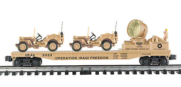 K-Line K691-8032 Operation Iraqi Freedom US Army Flat Car w/ 2 die cast Jeeps and Operating Searchlight O SCALE NEW