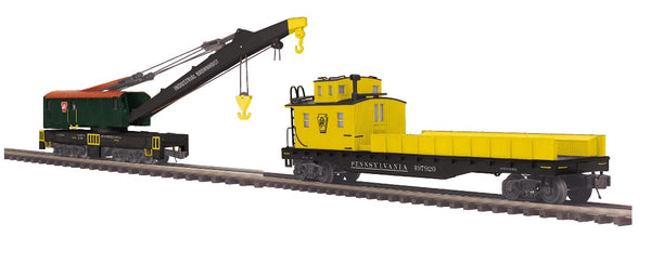 MTH 20-95453 Pennsylvania Railroad PRR Crane Car AND 20-95454 Crane Tender O Scale NEW Damaged Box