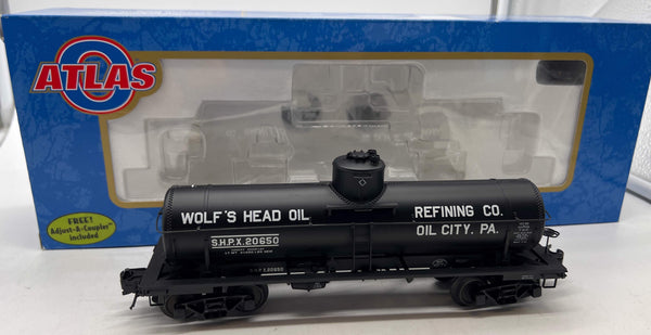 Atlas 8655-3 8,000 Gallon Tank Car Wolf's Head Oil #20650 (3 Rail) Oil City PA O SCALE Like New
