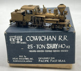 United Scale Models 25-Shay    Cowichan RR 25 Ton Shay Brass Unpainted locomotive mfd by Atlas Industries for PFM HOn3 Scale Used Excellent Damaged Box