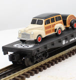 Lionel 6-17549 Flat Car Route 66 w/Woody Wagon & Trailer O Scale Like New