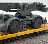 HTX 93366 Flatcar with Chained Down Military Crane HO SCALE Used Excellent No Box
