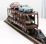 MTH Railking 30-7638 Auto Transportation Auto Carrier Flat Car '67 Pontiac Firebird 400 - Turquoise Blue, Gold '70 Chevy Nova SS - Red, Beige O SCALE Like New
