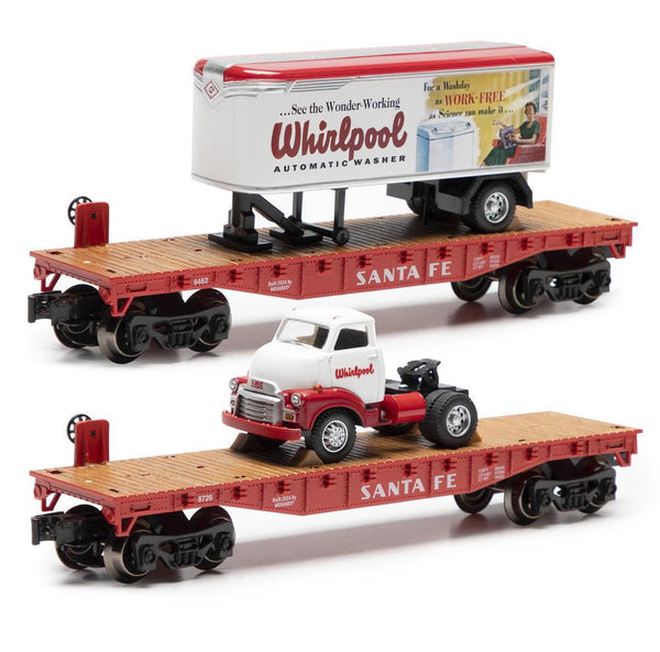 MENARDS 275-9390 Santa Fe Flatcar 2 piece set with Whirlpool 1954 GMC Tractor & Trailer O SCALE NEW
