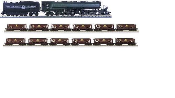 MTH Premier 20-3030-1  Duluth, Missabe & Iron Range 2-8-8-4 Yellowstone Steam Engine - With Proto-Sound  Cab No. 227  AND 20-97505 20-97506 Set of 12 Ore Cars o scale new