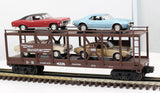 MTH Railking 30-7638 Auto Transportation Auto Carrier Flat Car '67 Pontiac Firebird 400 - Turquoise Blue, Gold '70 Chevy Nova SS - Red, Beige O SCALE Like New