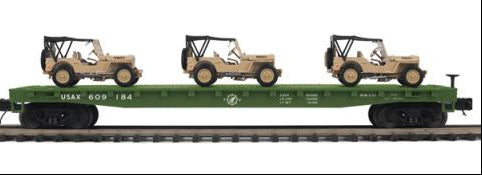 MTH Premier 20-92358E U.S. Army Flat Car w(3) Willys Transport Vehicles #609187 O SCALE NEW