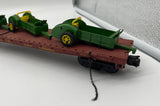 Right-of-Way Industries 56941 Union Pacific flatcar w/ 3 John Deere farm equipment O SCALE Used Excellent Damaged Box