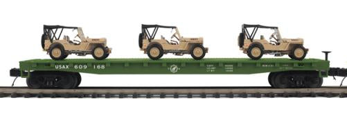 MTH Premier 20-92358B U.S. Army Flat Car w(3) Willys Transport Vehicles #609168 O SCALE NEW