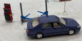 SAAB BLUE CAR WITH LIFT AND TOOL BOX AND SIGN (SWEDISH) APPROX O SCALE Like New No Box