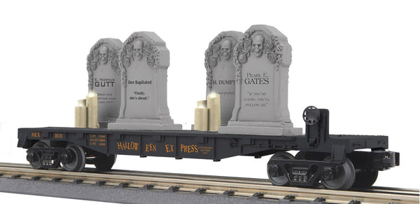 MTH RailKing 30-76927 Halloween Flat Car with Headstones and flickering lighted candles lighted 1031 O SCALE NEW