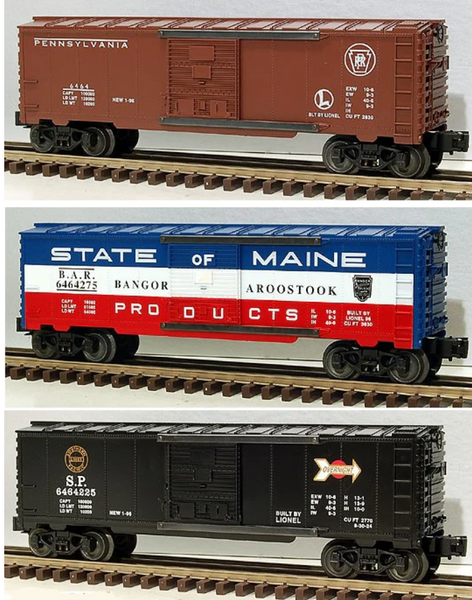 Lionel 6-19272 #6464 Boxcar Series #4 Set of 3-Boxcars Pennsylvania Railroad PRR, State of Maine and Southern Pacific SP TWORN BOX