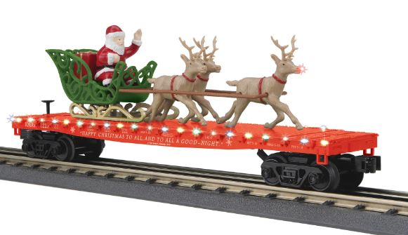MTH 30-76861 Santa Sleigh & Reindeer-- Christmas (Red) Flatcar with LED Lights