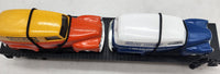 MTH Railking 30-7681 MTH Transport Flat Car with (2) Ertlr 1951 Panel Vans in Orange w/RailKing Logo O Scale. Used Excellent