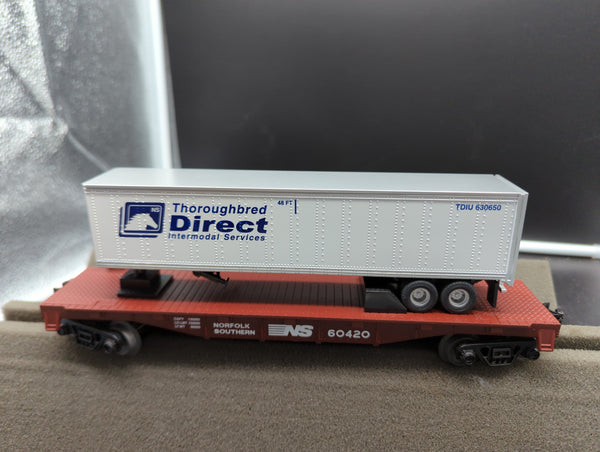MTH Railking 30-7076C Norfolk Southern Flat Car w/ Trailer  #60420. O SCALE Like New
