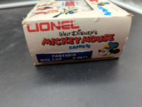 Lionel 6-9671 Walt Disney Mickey Mouse Snow Fantasia Hi Cube Boxcar O scale Used Excellent Damaged Box