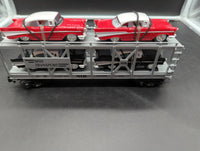 MTH Railking 30-7656 MTH Auto Transportation Auto Carrier Flat Car - Silver '57 Chevy (2 Red w/white top 2 Black w/white top) O SCALE Like New