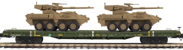MTH Premier 20-92277C U.S. Army 60' Flat Car with (2) Stryker Vehicles Road #40173 . Road Number: 40173 O SCALE NEW