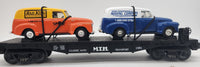 MTH Railking 30-7681 MTH Transport Flat Car with (2) Ertlr 1951 Panel Vans in Orange w/RailKing Logo O Scale. Used Excellent