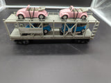 MTH Railking 30-76030 MTH Auto Transportation Auto Carrier Flat Car - MTH Auto Transportation w/(4) VW Bugs - (2) Pink (2) Blue Car No.: 2002 O SCALE Like New