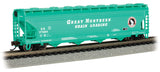 Bachmann 17561 Great Northern 56' 4 Bay Center Flow Hopper Green with white letters and the Great Northern logo with goat on rock