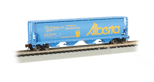 Bachmann 19158 Alberta 4 Bay Cylindrical Grain Hopper Vermillion River Blue with Yellow lettering