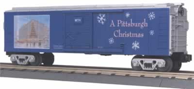 MTH 30-74090 Pittsburgh Christmas Boxcar Blue with white letters image of Christmas tree on boxcar