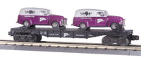 MTH #0-76002 Flat car with 2 Ertl Silver and Purple 1951 Panel Vans with MTH Club on it with phone number and MTH Logo