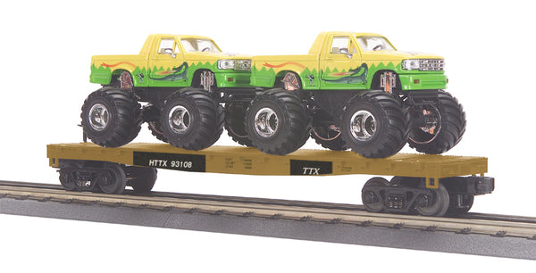 MTH 30-76104 HHTX Flat car with 2 Monster Trucks O Scale
