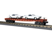 MTH 30-76724 Pennsylvania Railroad PRR Flat Car w/(2) '69 Pontiac Firebird (White) - Car No. 469769 O Scale NEw