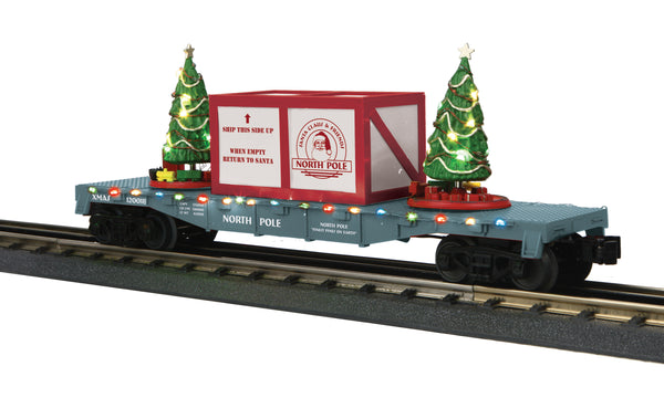 MTH 30-76736  North Pole Flat Car w/Lighted Christmas Trees - (Blue/Maroon Crate) Car No. 120018 O scale New