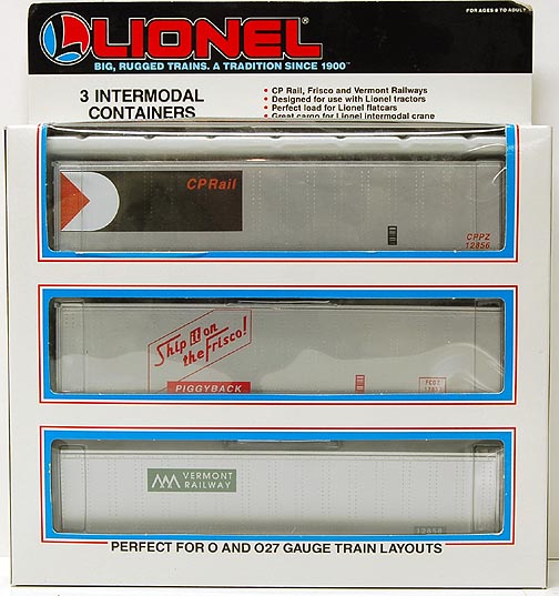 Lionel 6-12855 Set of 3 Intermodal Containers CP Rail, Frisco, Vermont Railway