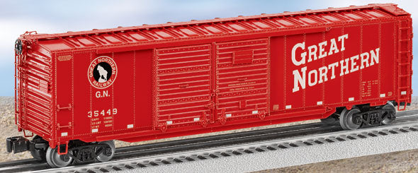 Red Boxcar with white letters Great Northern