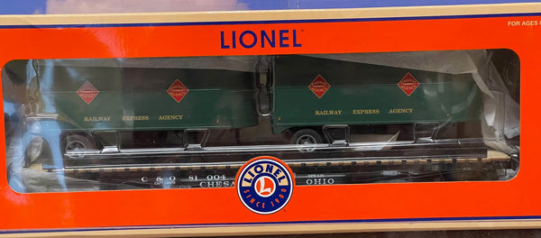 Lionel 6-27565 Railway Express Agency Flatcar with 2 green Piggyback Trailers 