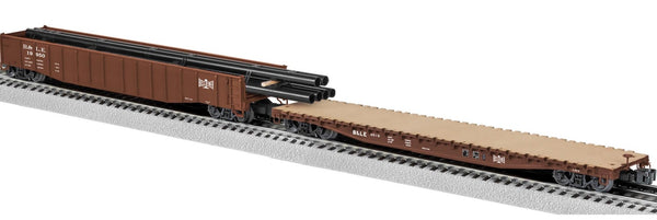 BLE red gondola and red flatcar with faux wood top. A PS-4 flatcar acts as an idler to protect the 15" long pipe load which extends beyond the bed of the gondola!