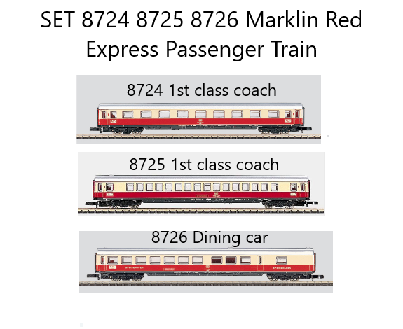 Marklin 8724 8725 8726 SET Red Express Train Passenger Cars   Z SCALE (1:220)
