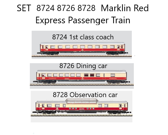 Marklin 8724 8726 8728 SET Red Express Train Passenger Cars   Z SCALE (1:220)