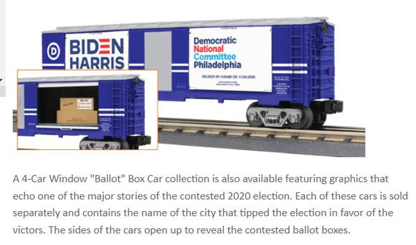 MTH 30-71051 Contested Democratic National Committee Atlanta 40' Window Boxcar with crooked Ballot Boxes