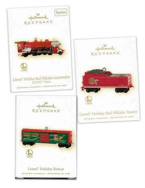 Hallmark Ornament 2009 set of 3: Lionel Holiday Red Mikado Locomotive, Tender, & Holiday Boxcar-- Rare Limited